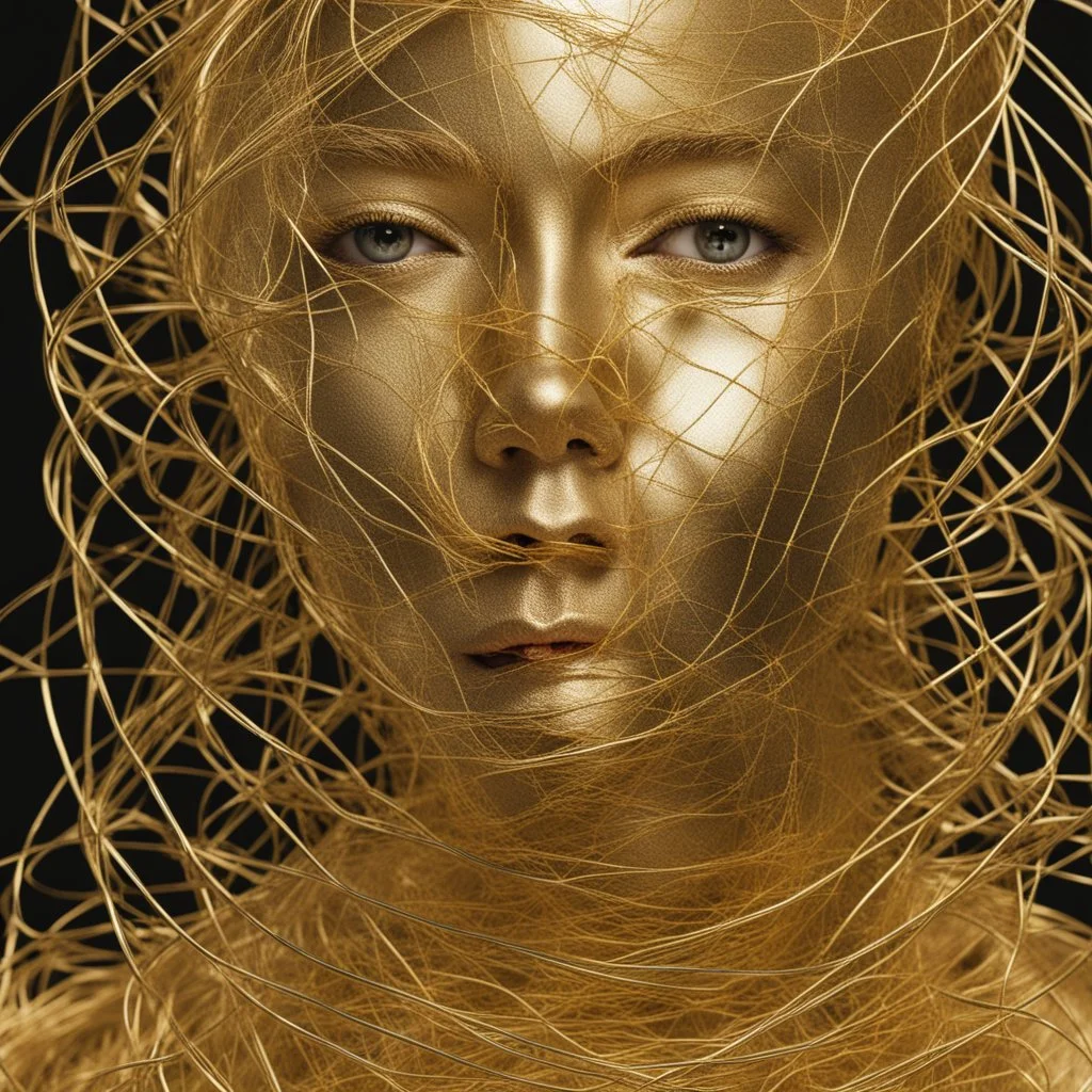 Woman face made of golden metal wires