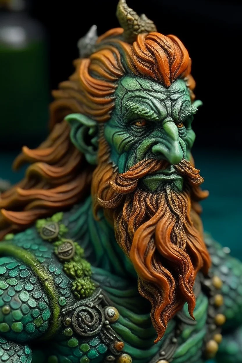 rugged merfolk male with auburn and green hair