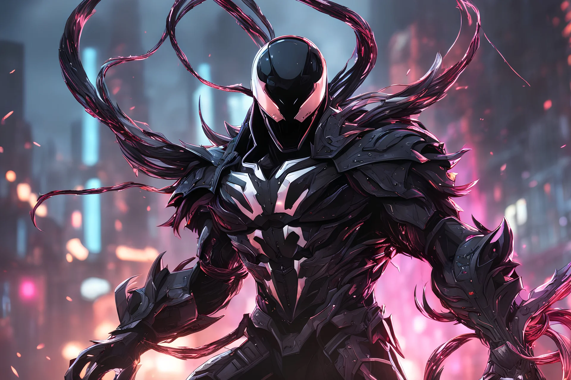 Venom machine in 8k solo leveling shadow artstyle, white fox them, close picture, rain, Shredder helmet, neon lights, intricate details, highly detailed, high details, detailed portrait, masterpiece,ultra detailed, ultra quality