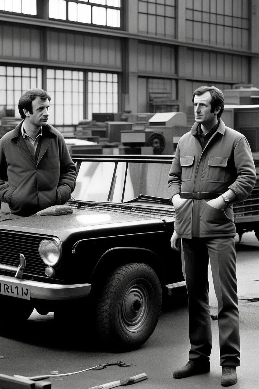 two haggard in their mid 30s looking men working in a land rover warehouse selling car parts to the public they ahte each other