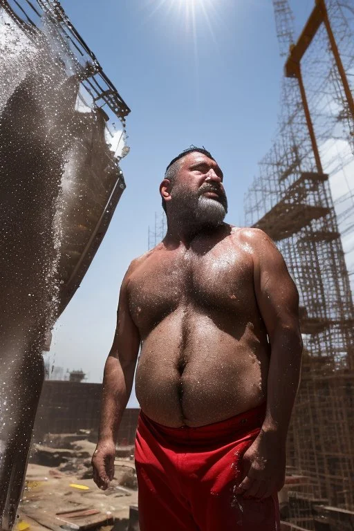 full figure shot photography of a wet sweat chubby and very virile 51-year-old burly turkish construction worker, long beard, in tank top, bulge, works hard very sweaty on a construction site in the sun repairing a floor, underlines the shine of the sweat in the sun's rays and the fatigue of the muscles, manly chest, , big legs, big belly , side view, photorealistic , side light