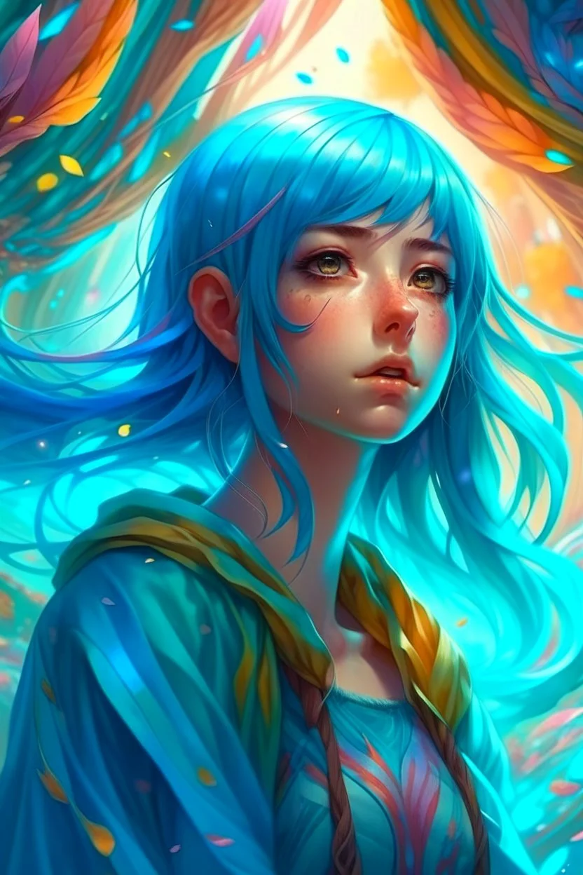 A stunning Anime girl suspended in a kaleidoscope of colors, captured in a photorealistic, cinematic photograph, as if plucked from a dream sequence. Her vibrant turquoise hair flows like a river, contrasting with the muted, earthy tones of her skin, set against a gradient of iridescent pinks and purples, evoking a sense of ethereal mysticism. Soft, cinematic film grain textures the image, infusing it with a sense of nostalgic warmth, as if lit by the flickering lights of a vintage cinema.