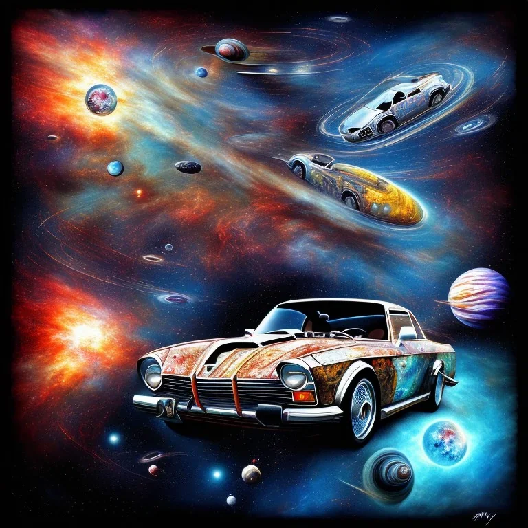 an abstract painting of an old car in space, mixed media, textured, anatomically correct, highly detailed