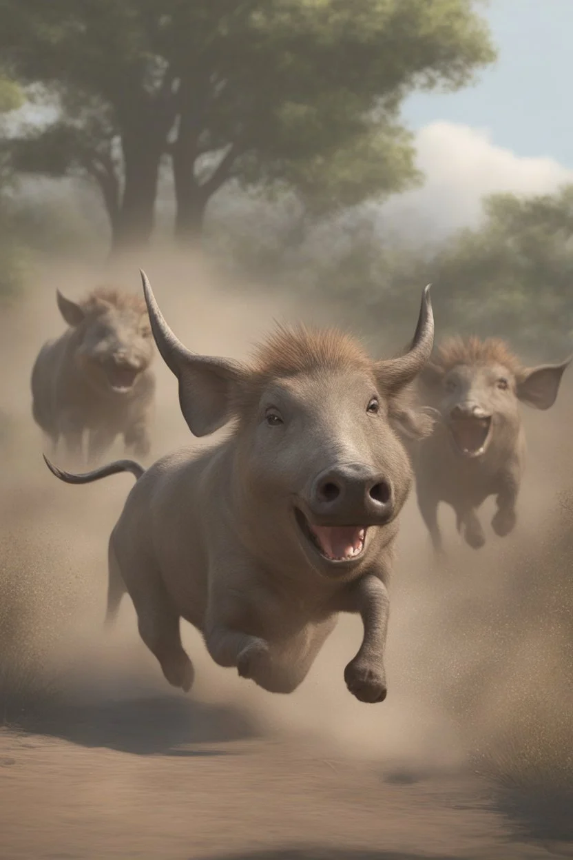 Animation image of warthogs running wild laughing, 8k high quality real life animation