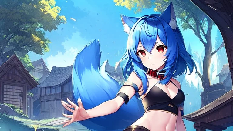 Girl look like wolf, wolf paws on hand, red eyes, animal paws, wolf ears, wolf tail,blue hair, open navel, house, forest, collar on neck.