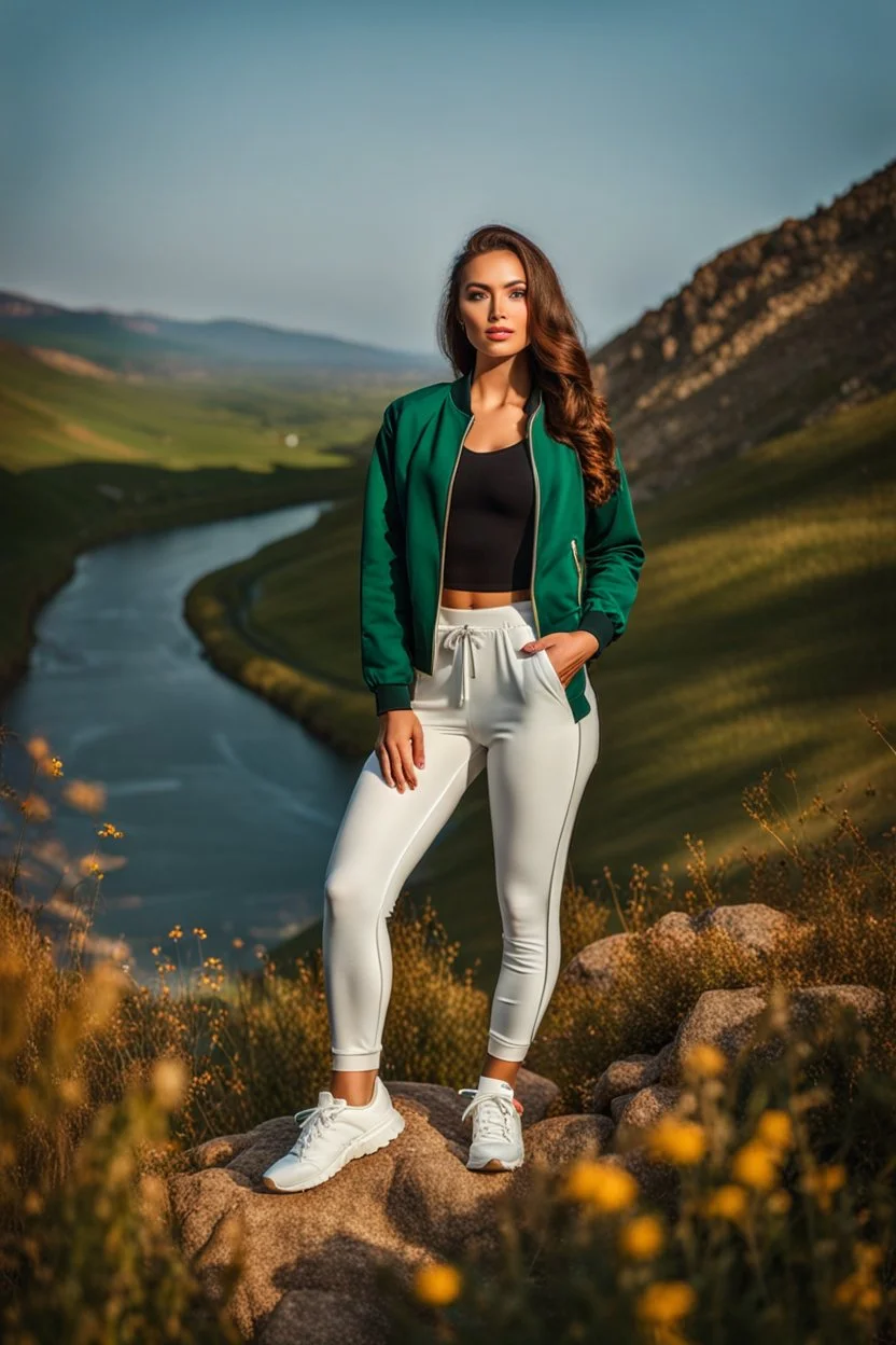 fullbody shot of young-beautiful-girl-with-a-perfect-face-with-make-up-wearing- sport pants and jacket standing ,geen hills ,nice nature environment ,wild flowers,clean water river with colorfull rocks in floor