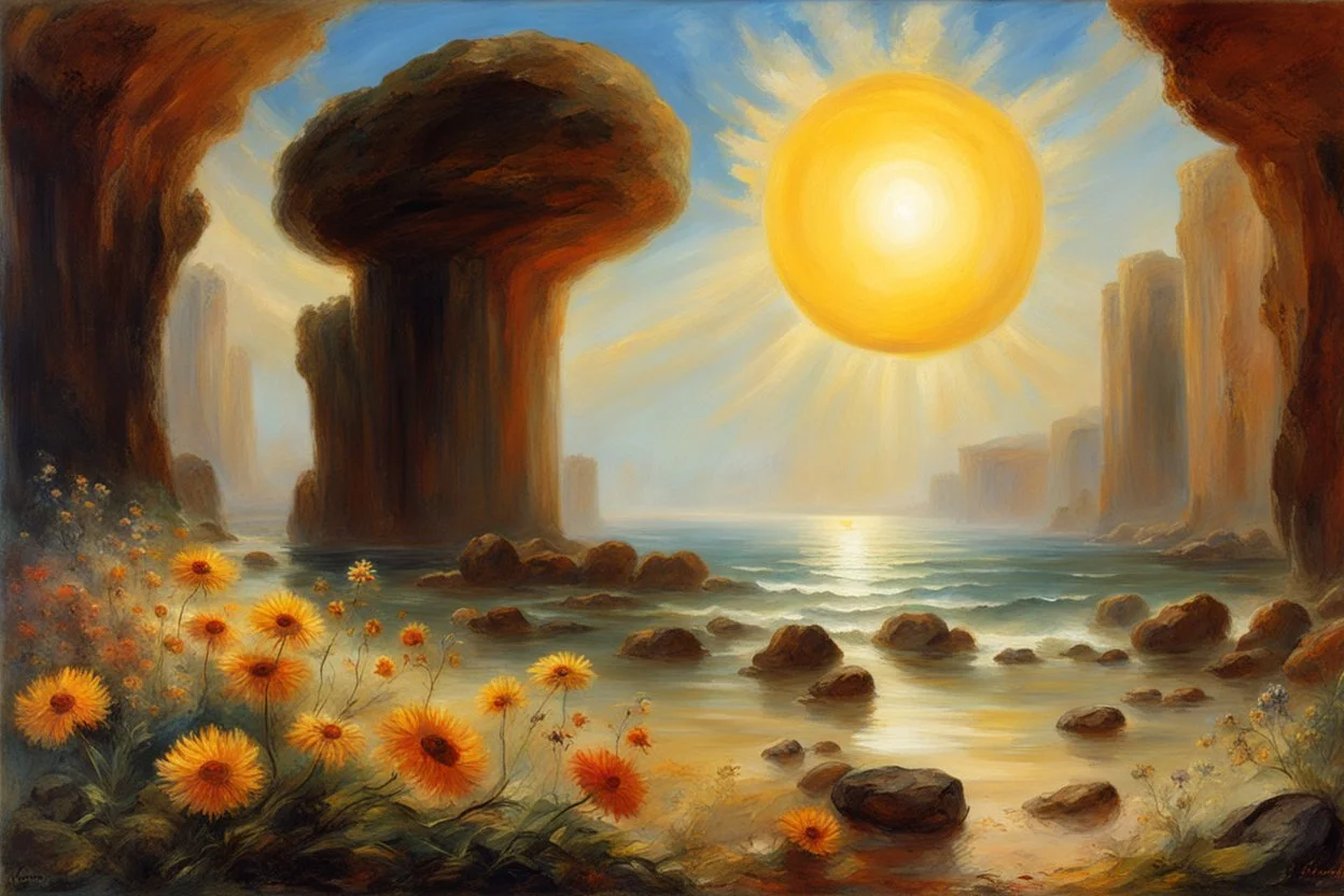 sunny day, planet in the sky, rocks, flowers, cliffs, sci-fi, friedrich eckenfelder and william turner impressionism paintings