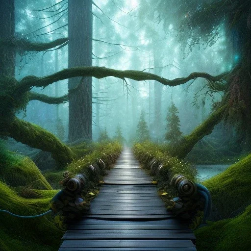 wisps on wooden bridge in magical forest, spray painting, foliage frame, fantasy art , movie poster, Realistic photography, incredibly detailed, ultra high resolution, 8k, complex 3d render, cinema 4d, color corrected