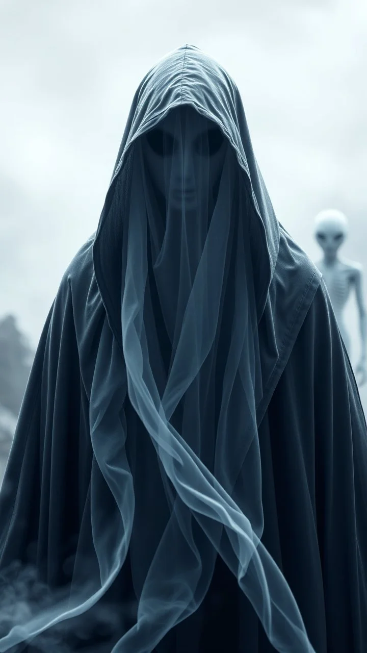 In a mesmerizing and ethereal manner, an otherworldly being emerges in the form of a translucent grey hood ghost. flowing smoky black robes. Forward facing, a blurred alien in the background