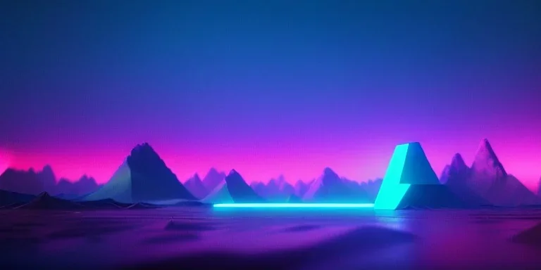 3d rendering. Abstract futuristic neon background. Fantastic landscape with glowing geometric triangular frame and mountains