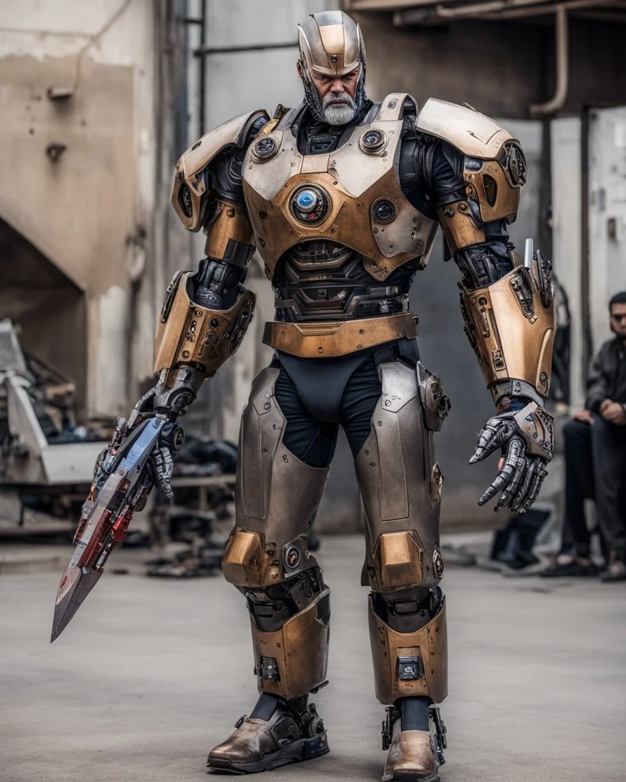 A brave iranian warrior with leather and metal combat clothes robotic metal with Chafee robo fighter, thanos