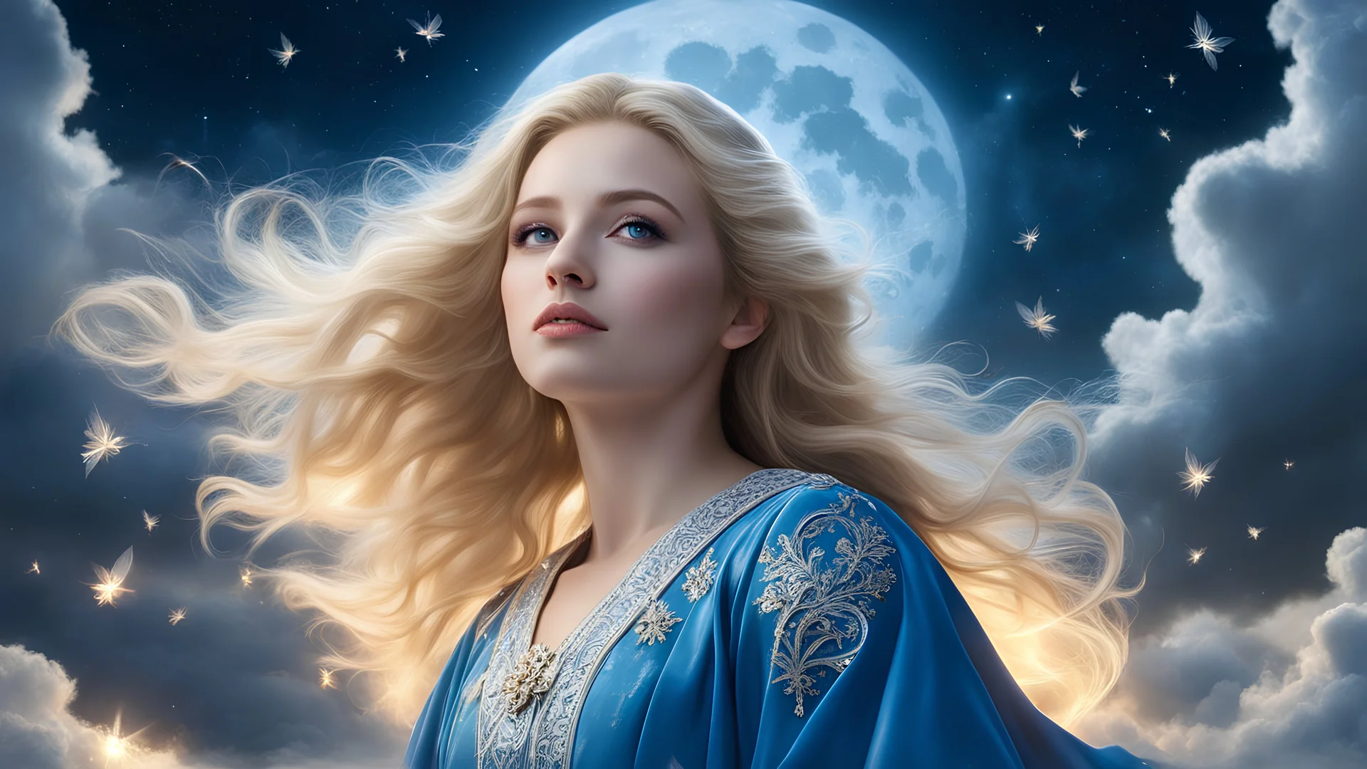 close-up a 18-year-old blonde maiden with perfect face, half smile, pale skin, in blue robes with silver embroidery levitating in airspace surrounded by clouds, a fireflies in flight around her, backdrop with night cloudscape and moon, volumetric lighting casting soft shadows, photorealistic, ultra detailed, ethereal and dreamlike, breathtaking surreal masterpiece, moonlight, perfect eyes, glowing look, make-up-free.