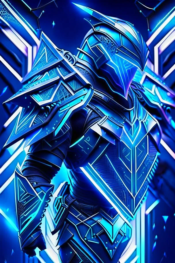 neon blue, flying parts of armor in form of triangles, cyber armor, geometric patterns on armor, male, orbiting triangle