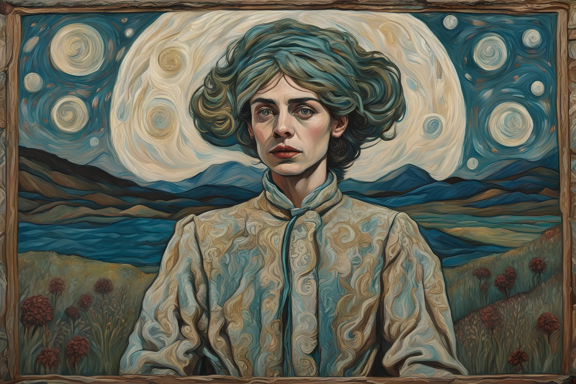 Billy Childish oil painting tufting tapestry, Otherworldly, young beautiful HD face Princess of the Moon avant-garde organza StarWars fashion, Austrian Symbolism, arcane atmosphere, countryside, by sergei Parajanov movie-style raw dream dimension