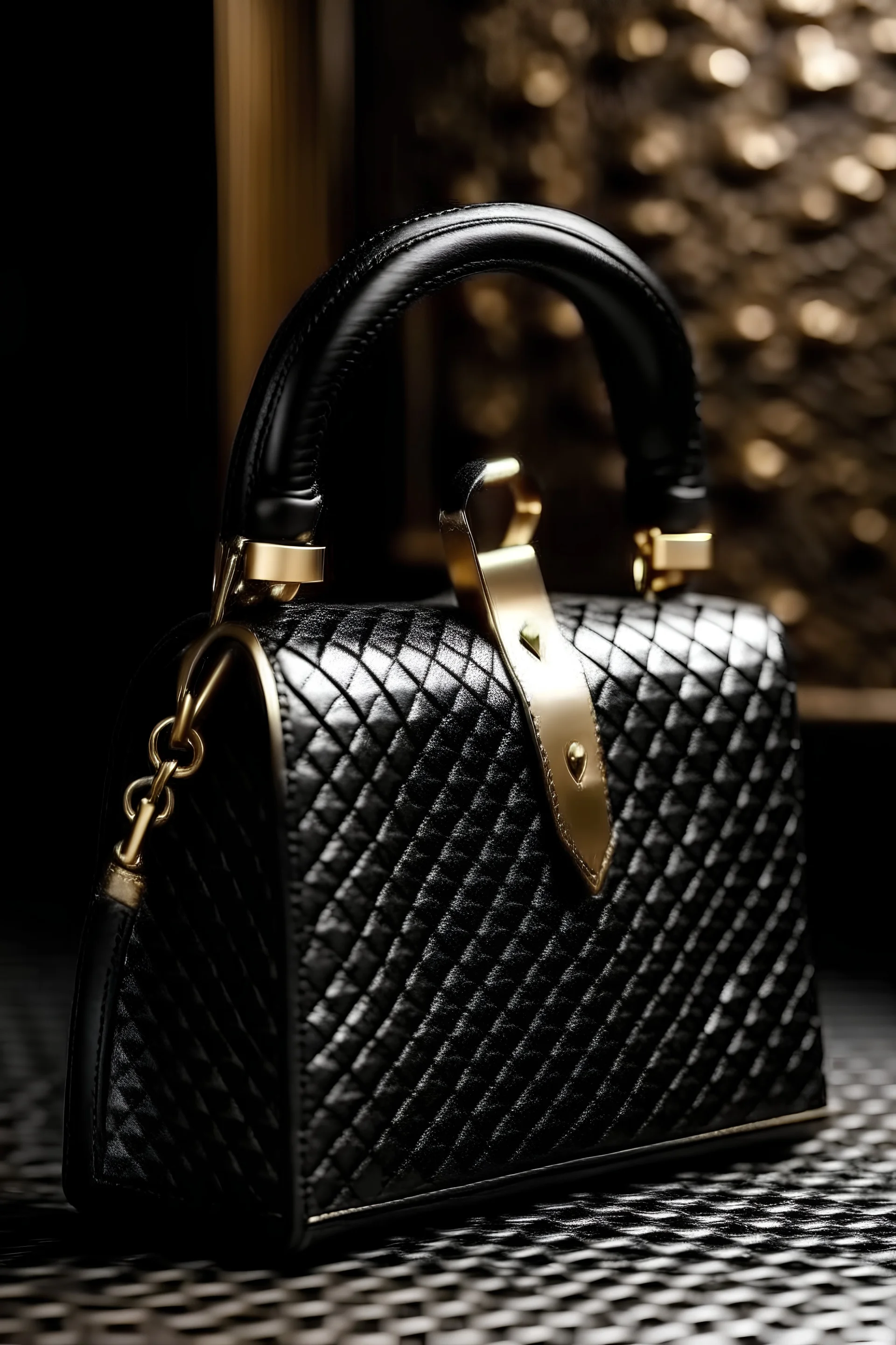 black pyramid shape glitter leather carry-on bag with a golden clasp