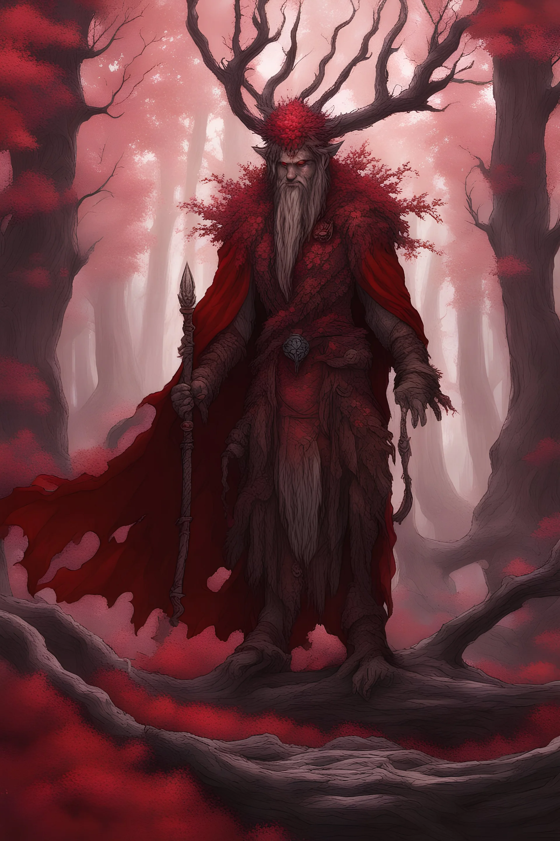 fantasy corrupted druid with background, red crystal forest