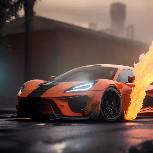 photo of a ultra realistic,set in fire modified sport car, cinematic lighting, battered, low angle, trending on artstation, 4k, hyper realistic, focused, extreme details, unreal engine 5, cinematic, masterpiece