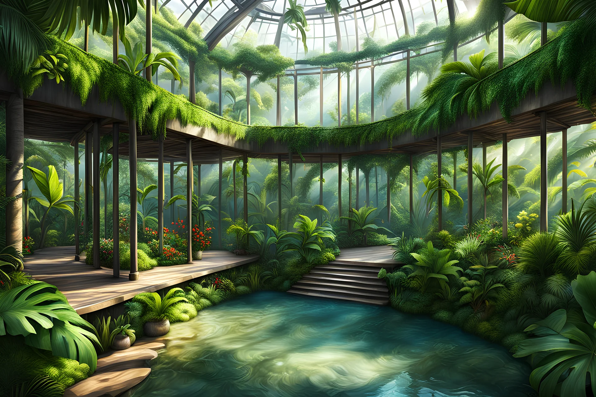 A vast walkable jungle-aviary. The birds are naturalistic, close to nature. photorealistic, highly detailed