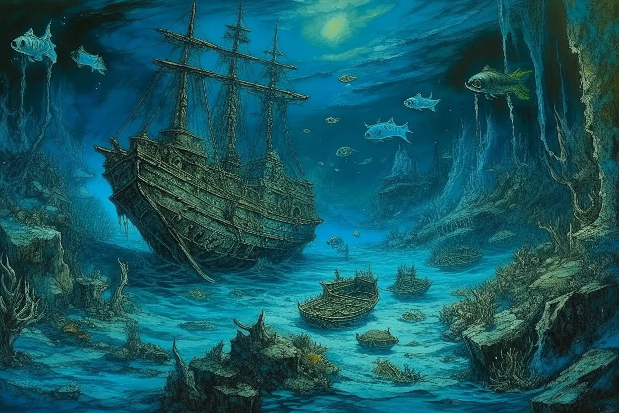 A dark blue underwater reef with sunken pirate ships painted by Vincent van Gogh