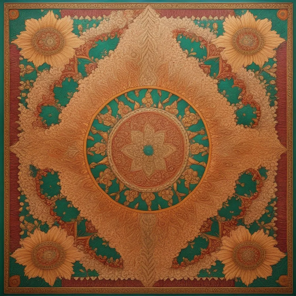 Symmetrical Looking Colorful Pakistani Cultural Art Pattern With Traditional Looking Floral Patterns Drawn (Using Colors Like: Golden, Orange, Maroon, Green and Brown) On Wall Background