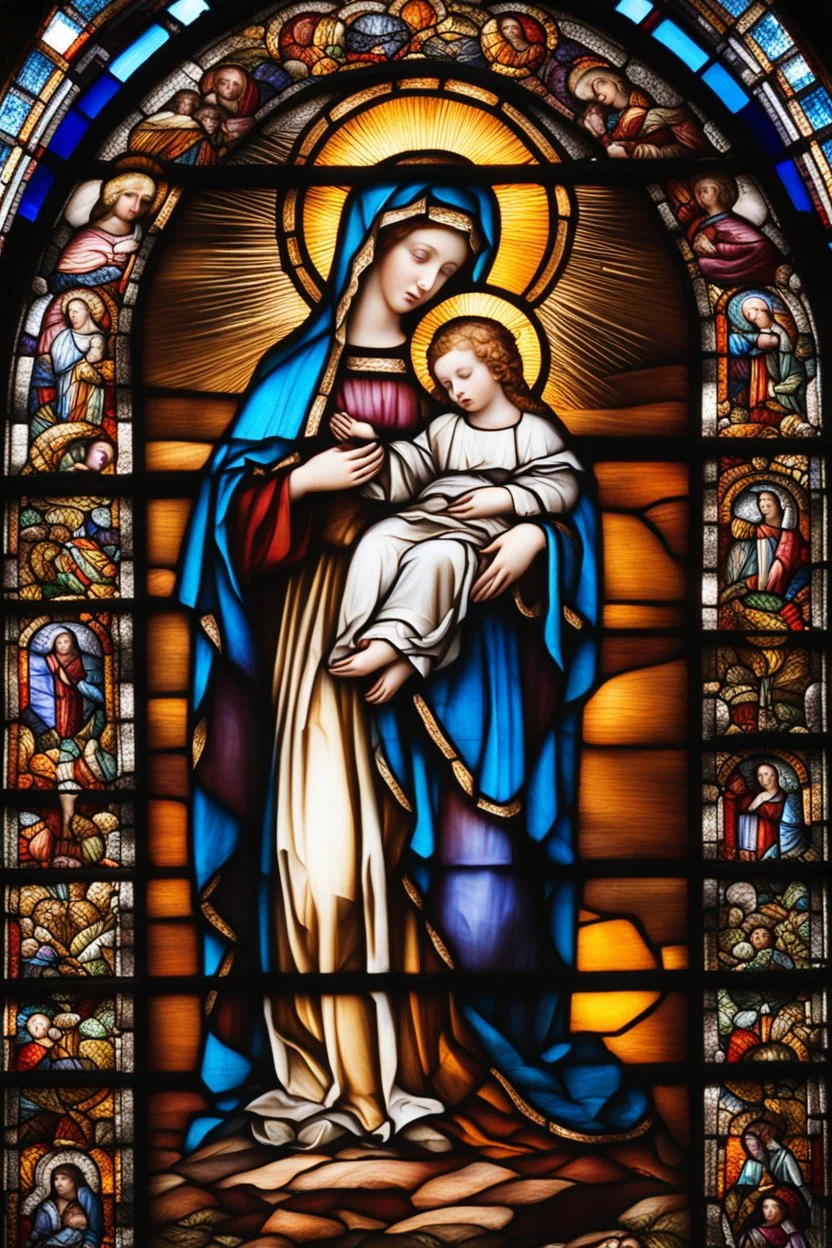 a multicolored, stained, spectral, glass fragment, Mother Mary holding baby Jesus