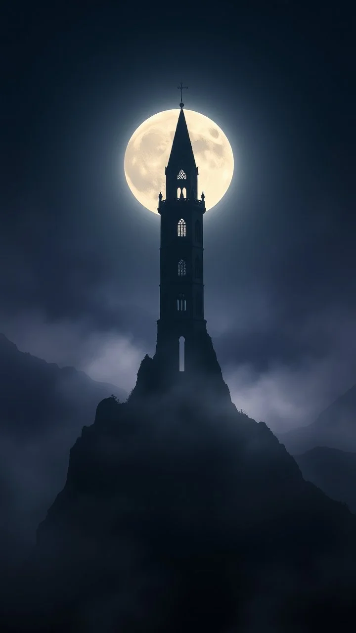 The tower in a mountain,A full moon ,A mystical scene with ethereal light illuminating a dark landscape filled with shadows and whispers.