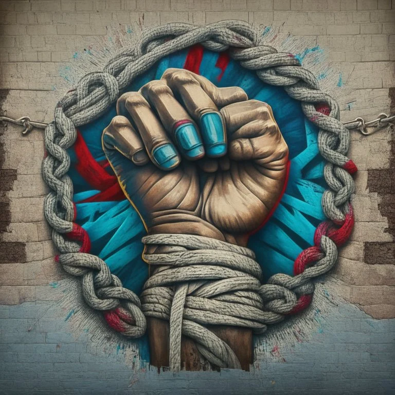 A knotted fist made with different designs from the revolution of different countries. Art - Tradition - Revolution - Dictator - Mural - Freedom - People 4k, full details, high resolution