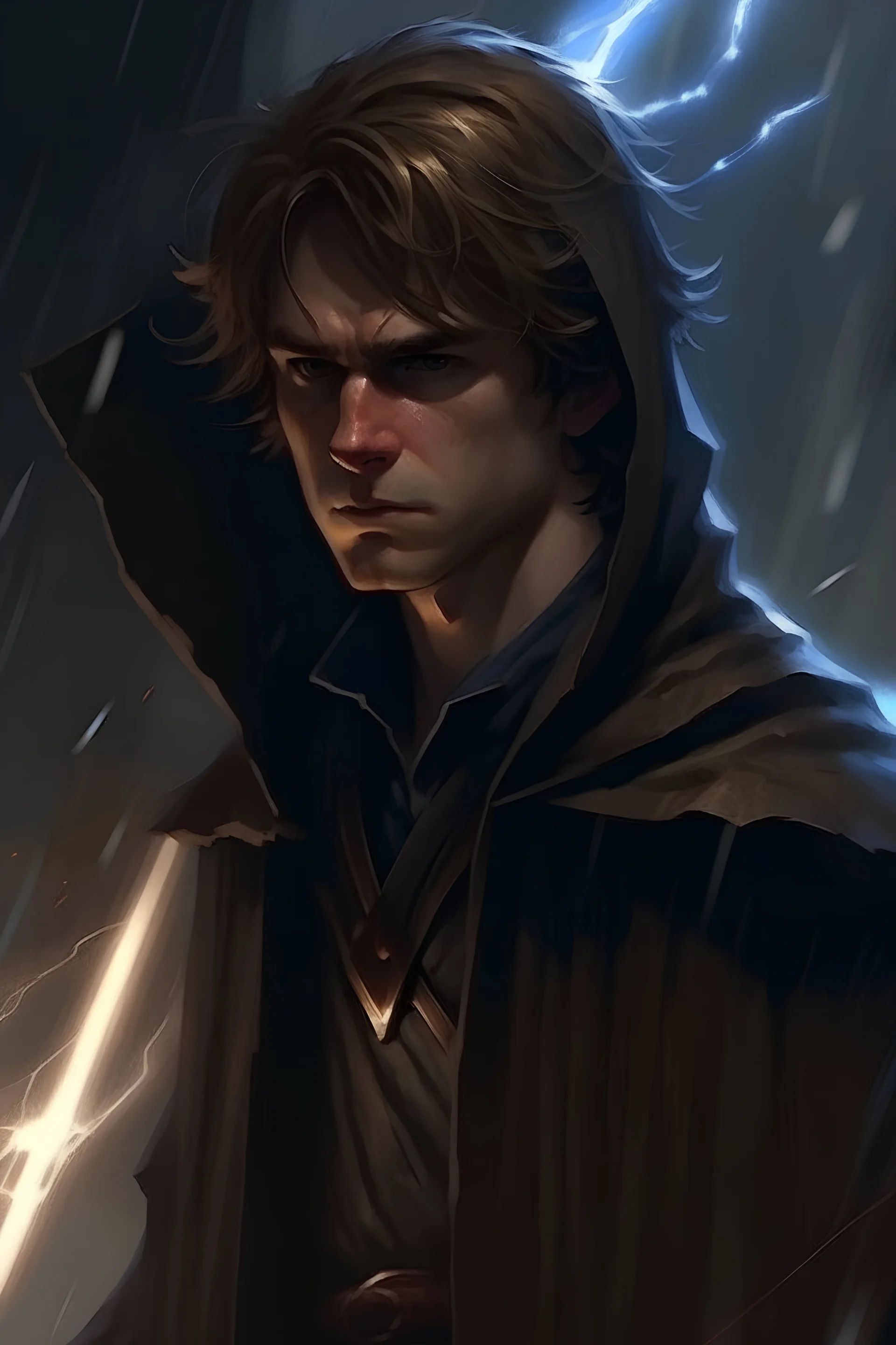 Dark Anakin in trench coat using lightning.