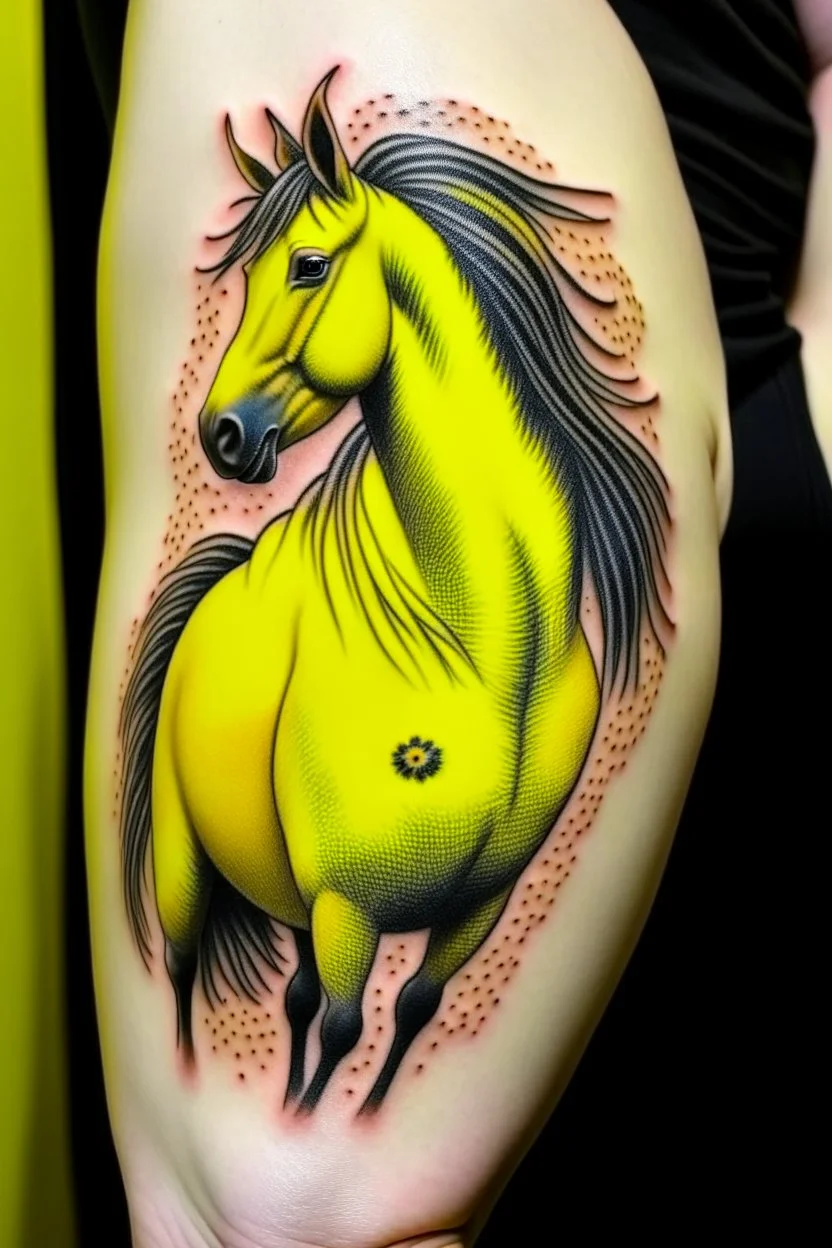 Yellow cockatrice with a horse tattoo