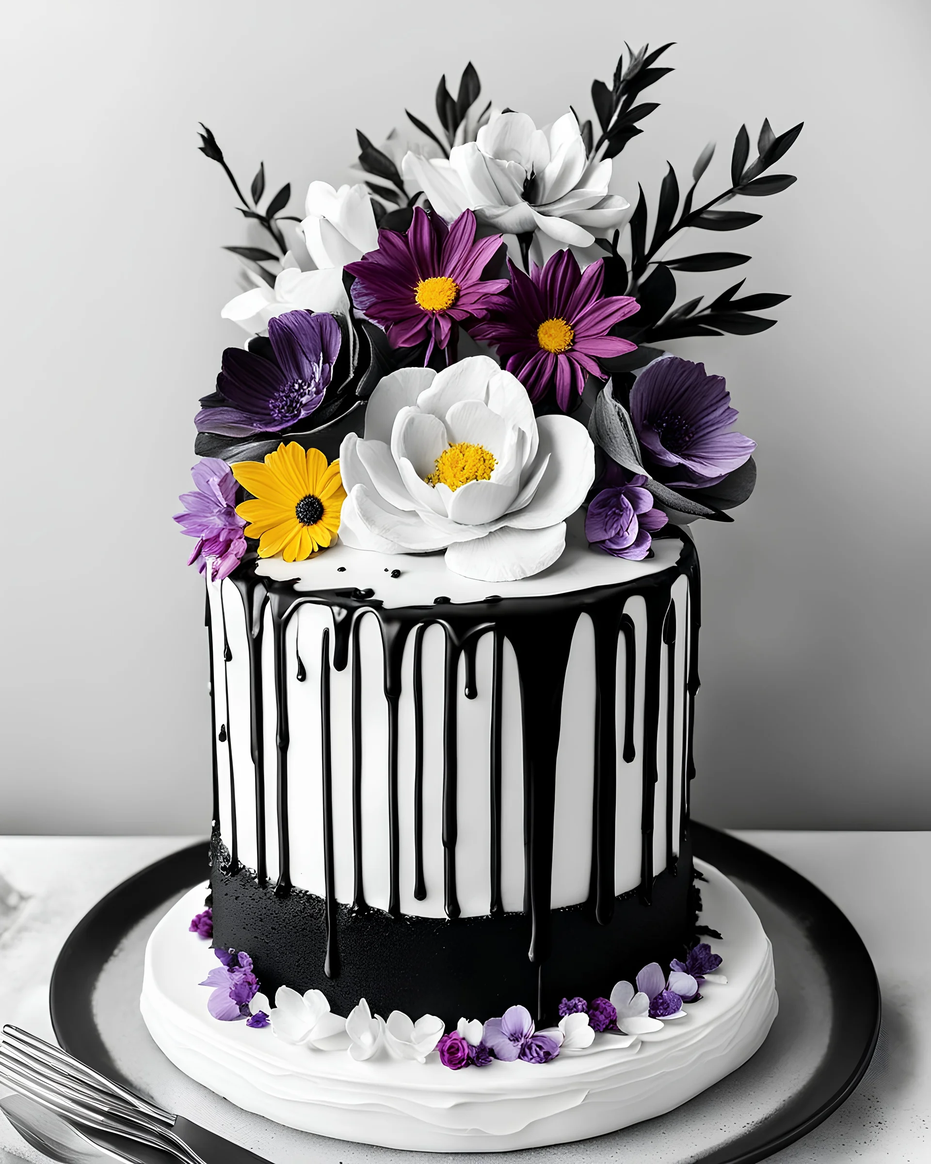 drip cake style with the elegance of edible flowers for a visually stunning cake ,colouring page,white background, bold black lines, simple details, black and white