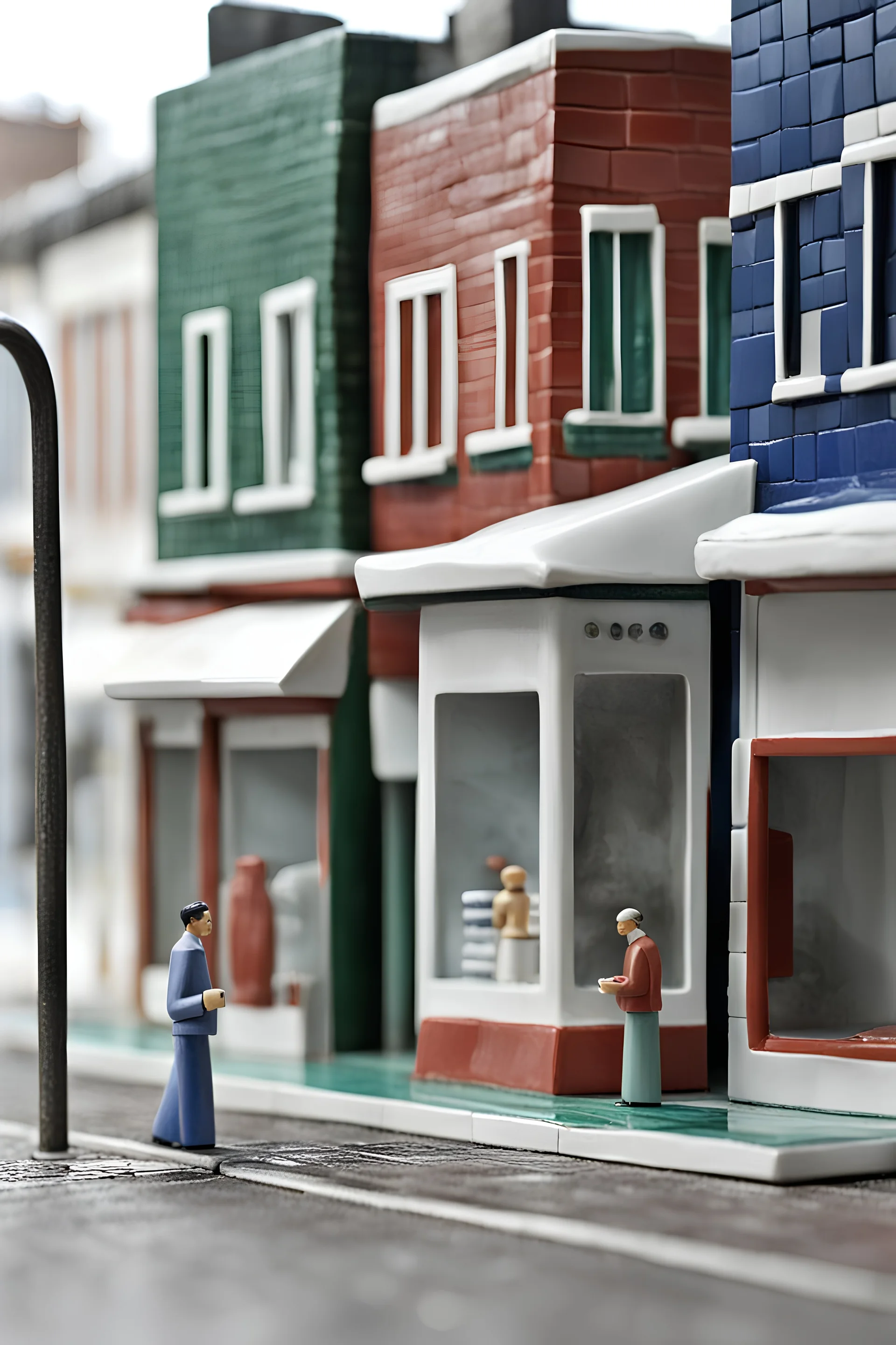 Minimalistic solid colored porcelain clay miniature figurine of vacant and empty street commercial walk-in kiosk, covered with mosaic. Contemporary urban art gallery context. Silver ratio proportions composition, 7 centimeters height, semi-height wide shop windows and door, small square window for cash in facade, on legs, circa 2000, flat roof, one-story, one-room. Inspired by Bruno Munari, Benetton, gestalt theory, geometry of Castel del Monte, brutalism, synchronism