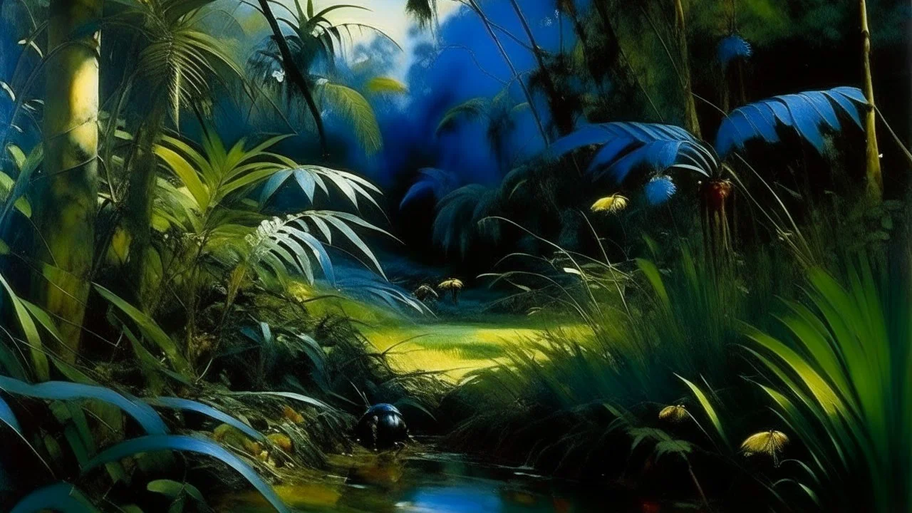 A blackish blue jungle filled with bugs painted by John Singer Sargent