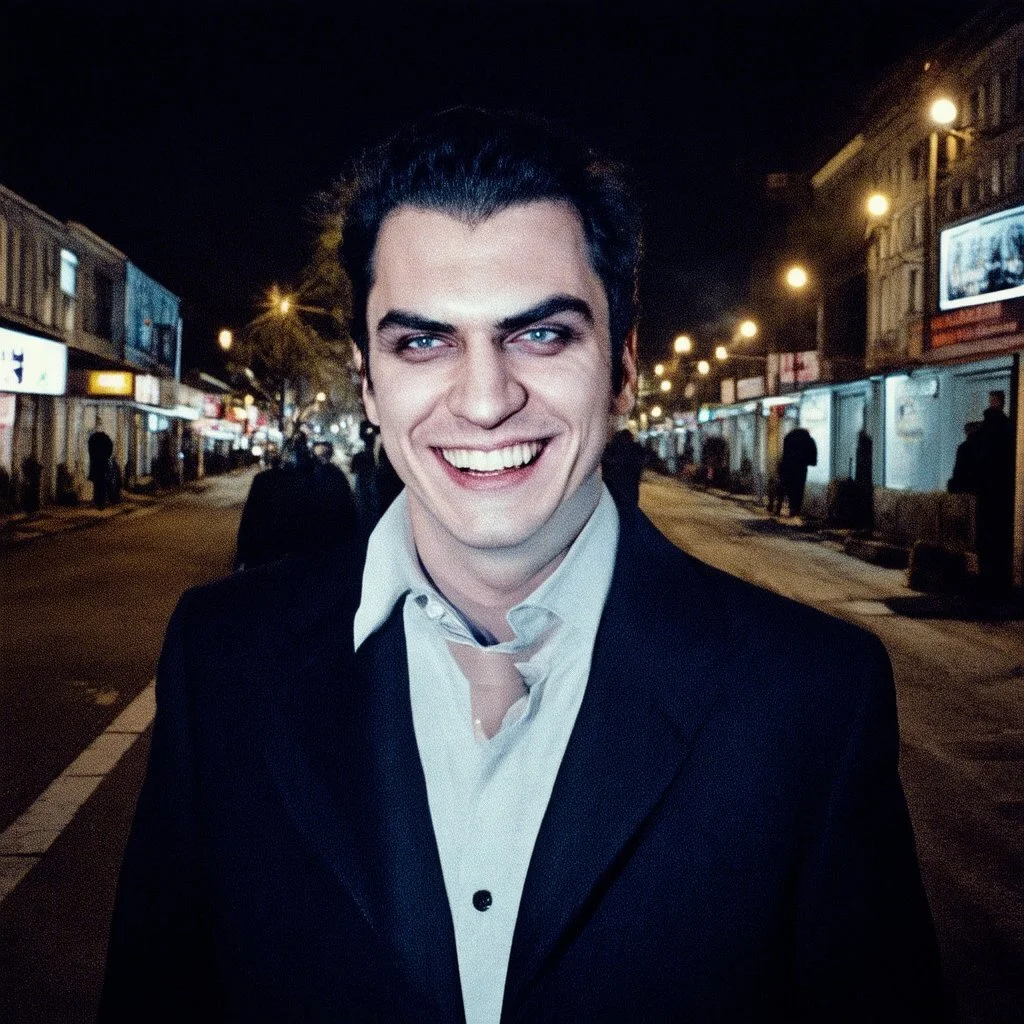 very grainy discolored photo, face portrait, up close, empty night street, grunge, 2000s Russia, man in a nice suit, extremely gaunt, haughty, dangerous smile, perfect looking, striking features, face of a vampire, inhuman