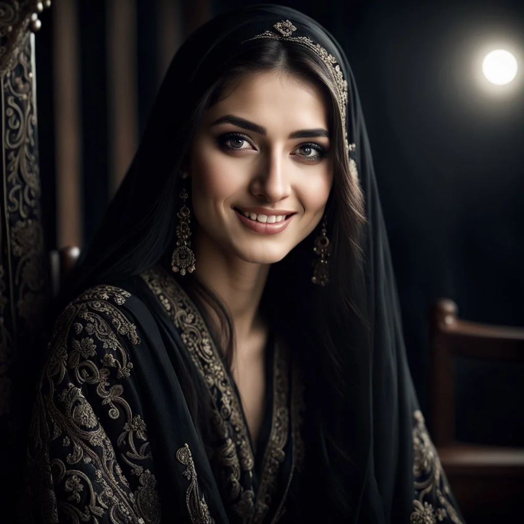 Hyper Realistic Photographic close-up view of Young Beautiful Pashto Woman with beautiful eyes, beautiful lips & beautiful long black hair wearing black embroidered dress with black-embroidered-shawl happily smiling & sitting on a rocking-chair inside a dark room with moonlight-rays-on-her-face showing dramatic & cinematic ambiance.