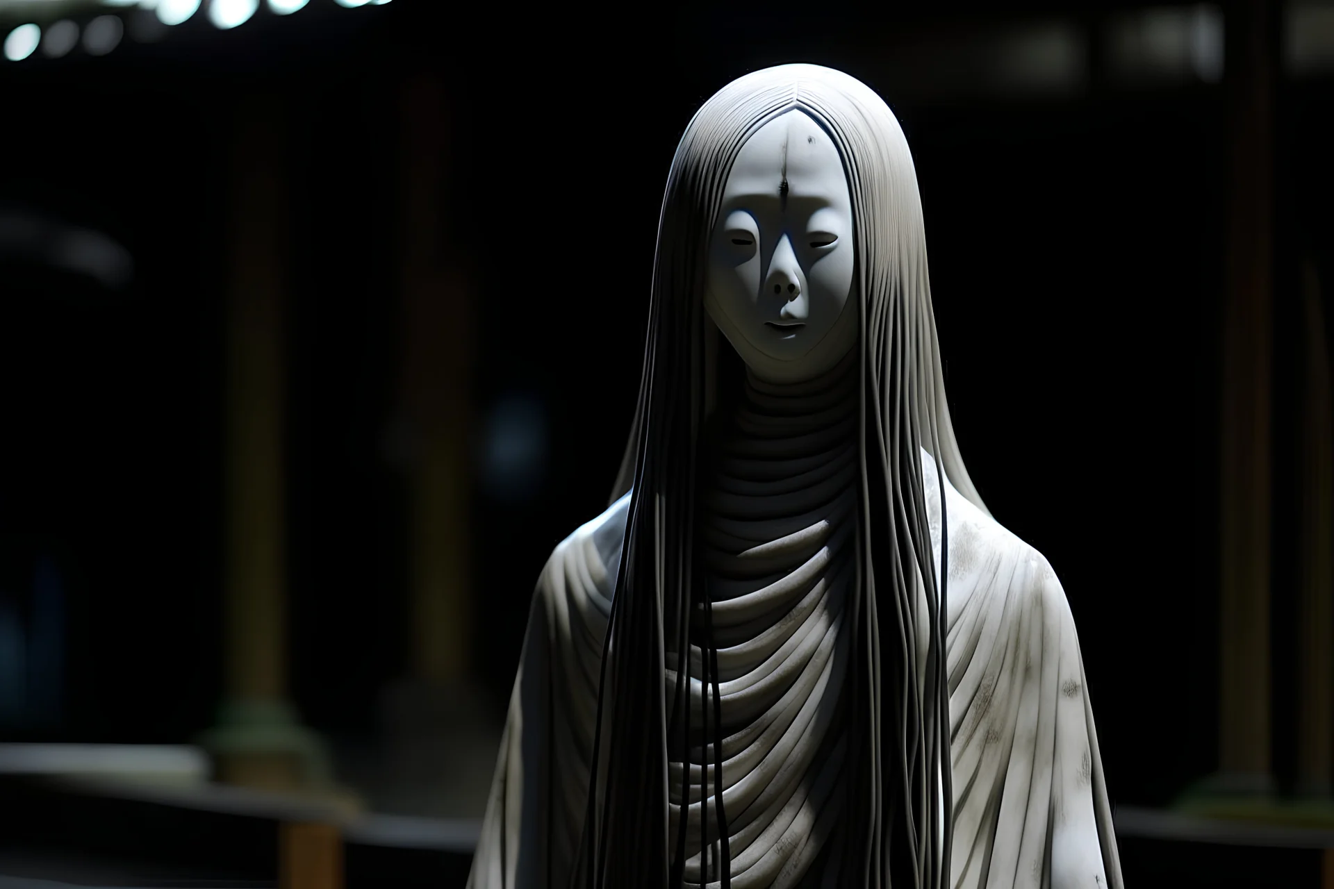 Japanese female ghost, scary face, with a long neck