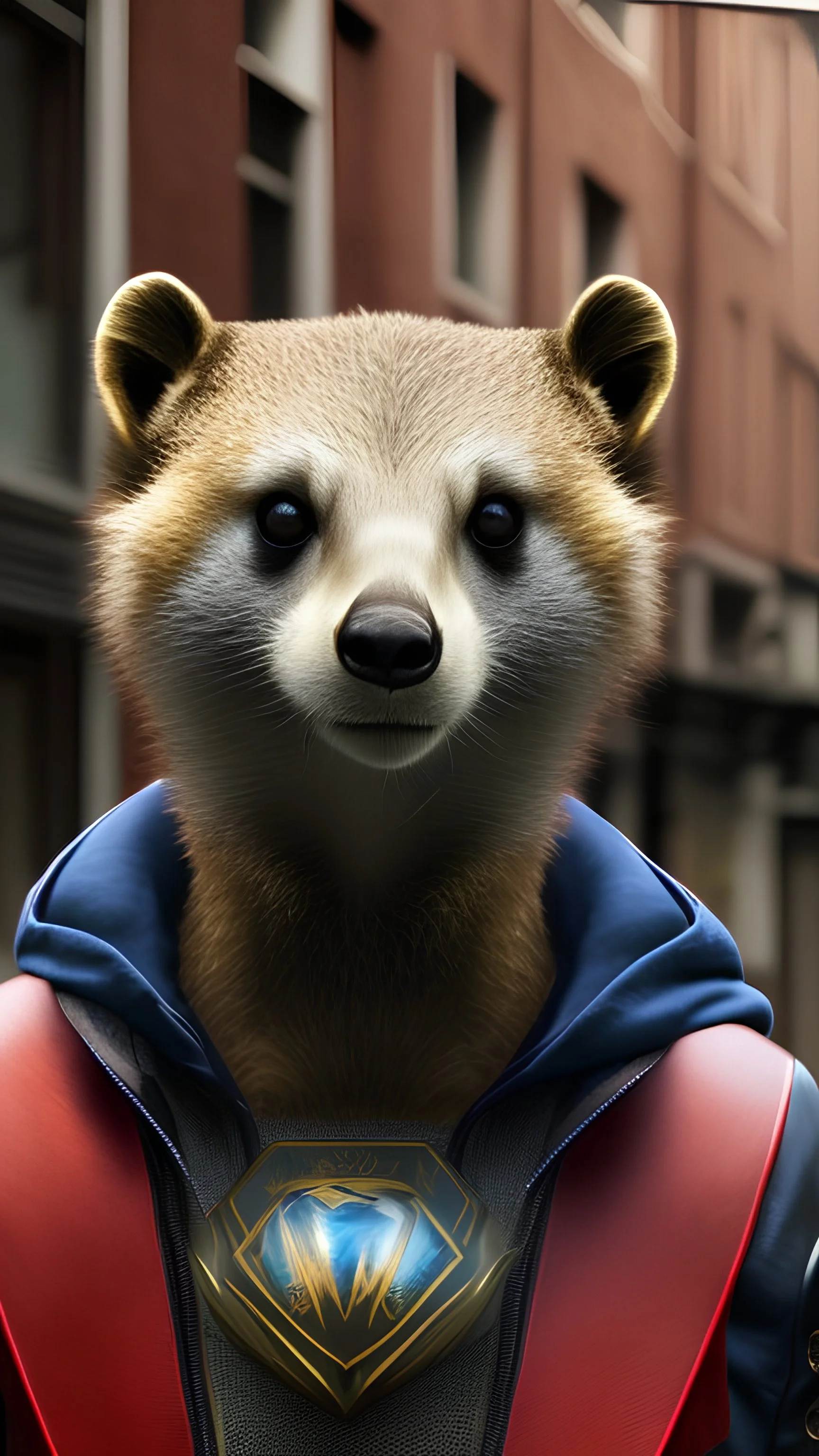 full body portrait of a Superhero Meerkatman, Walking Down The Street, Serius, Mask, Head Man Mouth And Nose Hyper Realistic Armor Intricate Detail , 4k