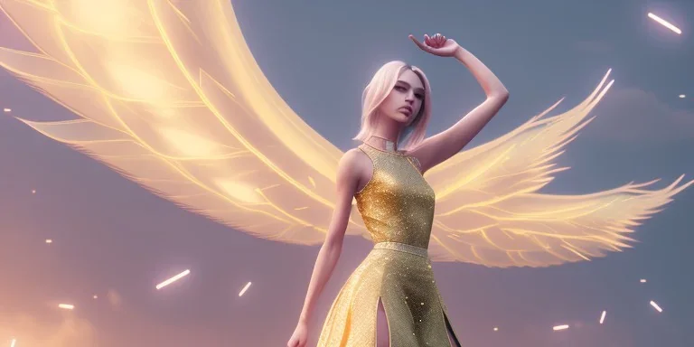 subtle queen, atmospheric, realistic, unreal engine, cinematic lighting, octane render, transparent long dress, blonde, full body, bright wings, smile, long hair