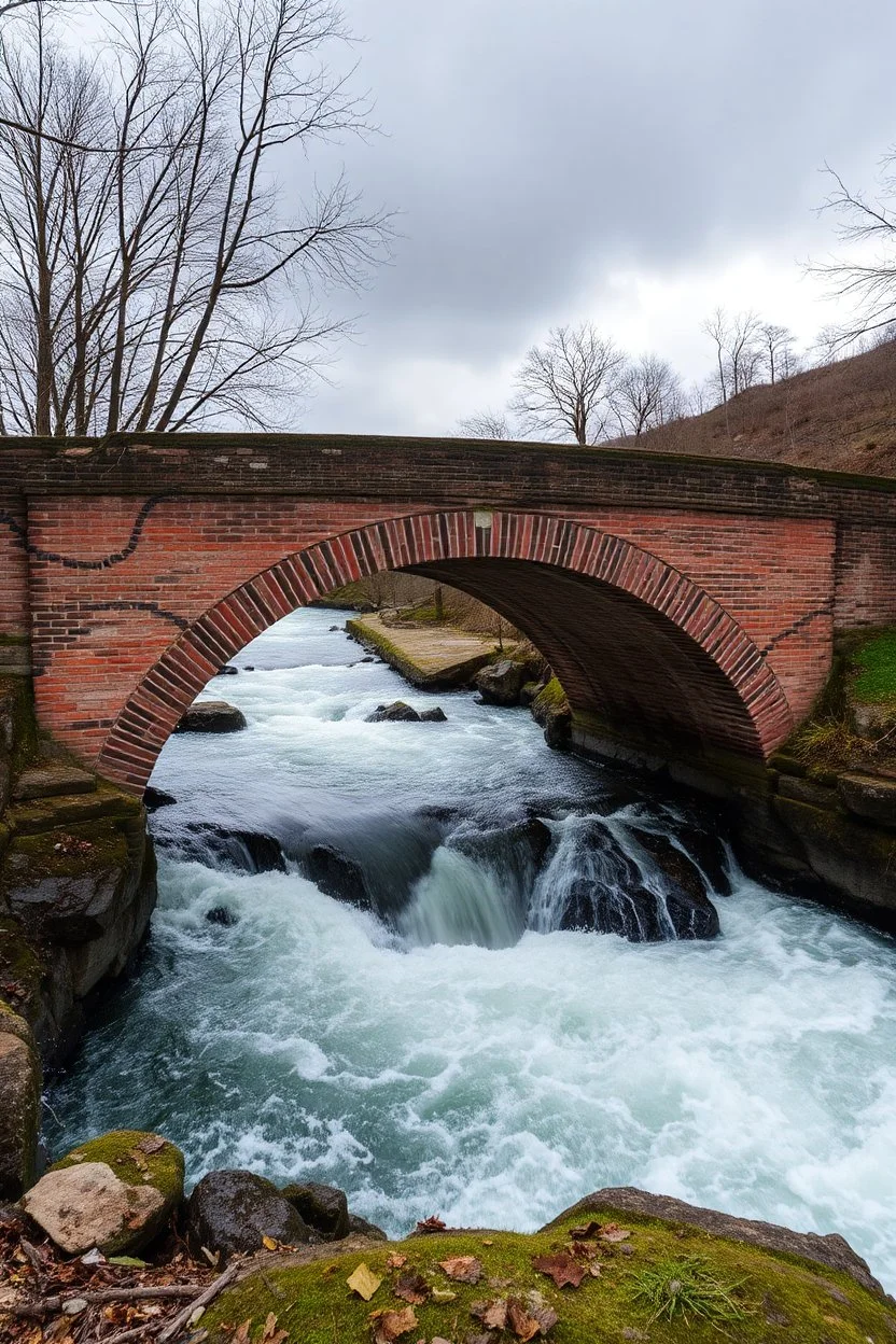 The bricks bridge over a stormy river