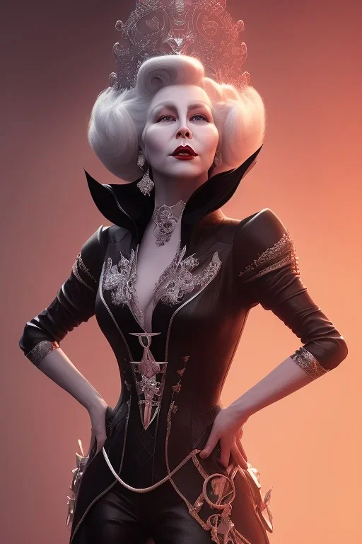 Mae West as evil queen in black leather, leather, busty, cleavage, angry, stern look. character design by cory loftis, fenghua zhong, ryohei hase, ismail inceoglu and ruan jia. unreal engine 5, artistic lighting, highly detailed, photorealistic, fantasy