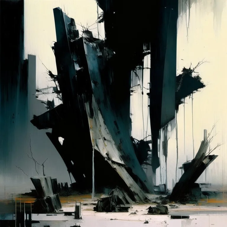 A dark abstract minimalist painting of Lebbeus Woods brutalist concrete bodies.. In a desolate landscape at. In the style of by Ashley Wood and Justin Mortimer. Large oil brushstrokes