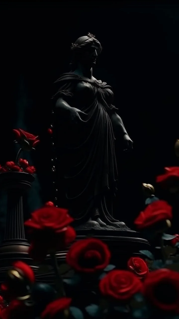 The statue of justice is filled with blood, carrying a scale full of red roses, and poppy flowers grow from underneath it and climb the statue. Dark garden background cinematic.9:16