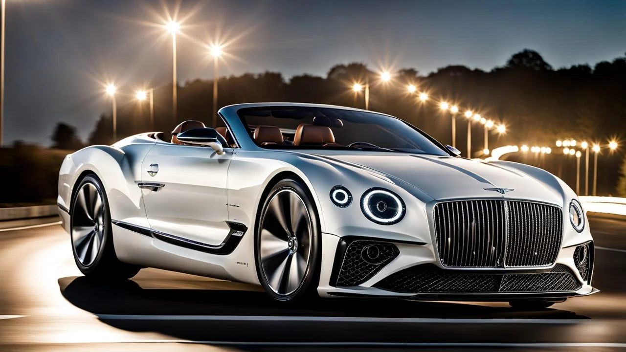 A sleek white shiny (((Bentley Jesko))), its contours and details perfectly captured in a (((cinematic view))), zipping along a winding road under a beautiful blue black night sky