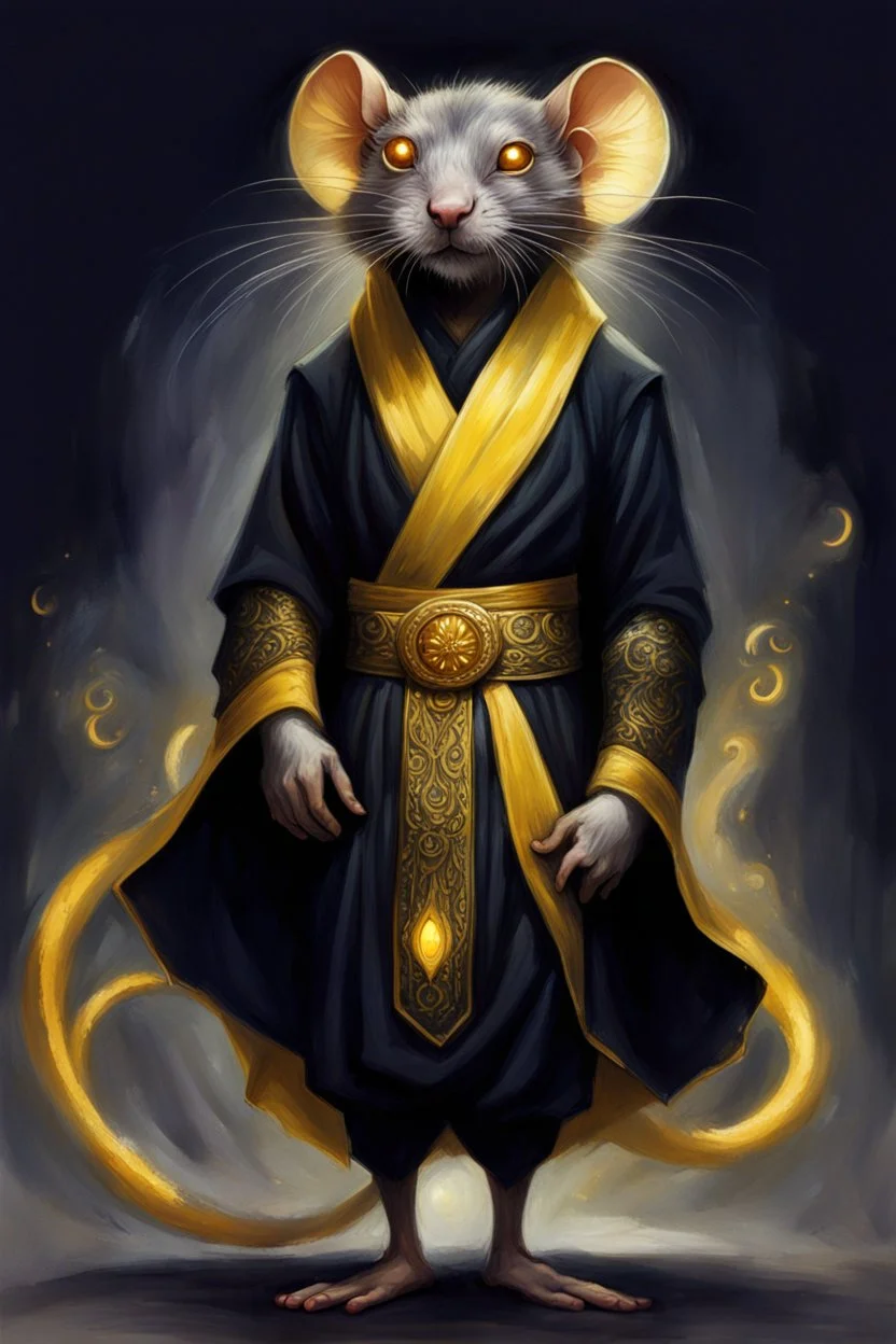 boots , the yoga rat man, big black iris eyes with yellow glints, ou’re looking at someone who doesn’t just walk into shadows—they belong to them. The black robes cling like a second skin, the belt tied tight with gold thread that catches the light only when he moves. His face is wrapped, but not hidden—his eyes glow like embers, red and steady, as if he’s already seen what waits inside the cave. The tail curls behind him, not in fear, but in readiness. He doesn’t need a torch, by Rembrandt