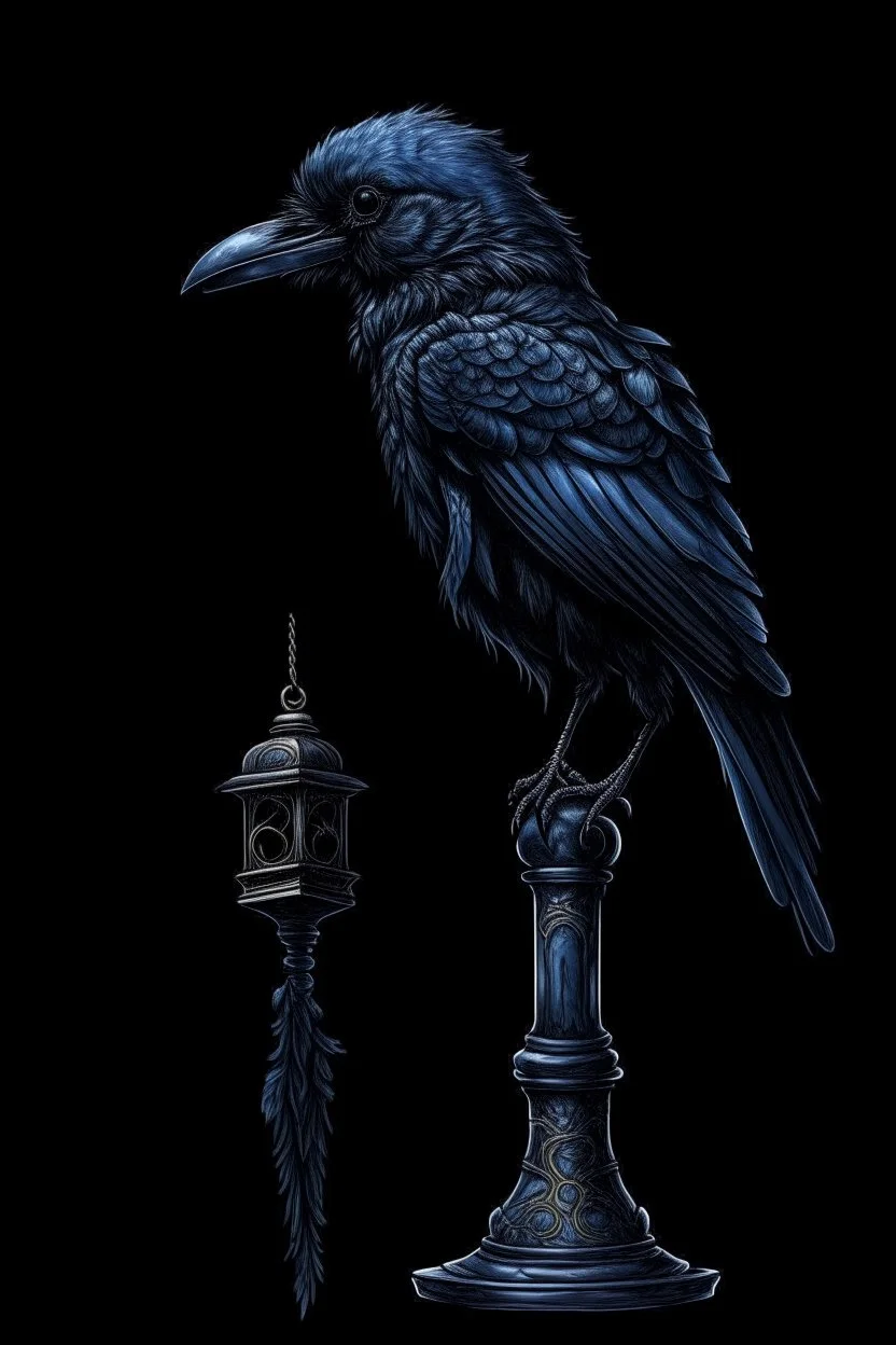 on an old black lamppost, a blue crow is sitting,a golden greenish suspension,diamond dust, on a black background, macrodetalization, carved,filigree drawing of a drawing,fiction,surrealism, hyperdetalization, aesthetically pleasing, beautiful,ink and colored marker drawing, sharpness,1024 k, octane, depth of field