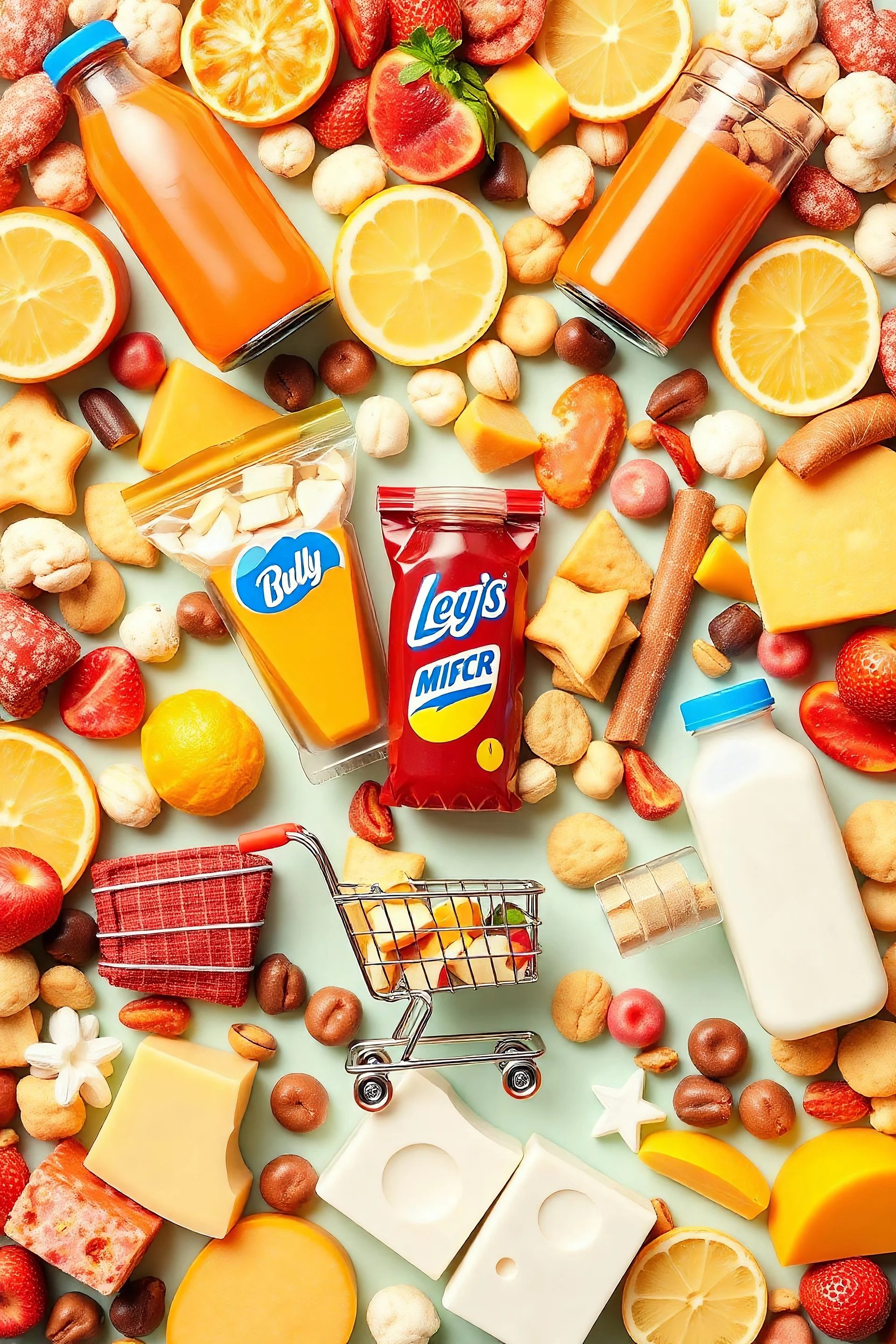 A design filled with fruit juice, puffs, chips, soda, various chocolates, shopping carts, cheese, butter, pasteurized milk, and dairy products in bright, cheerful, and eye-catching colors.