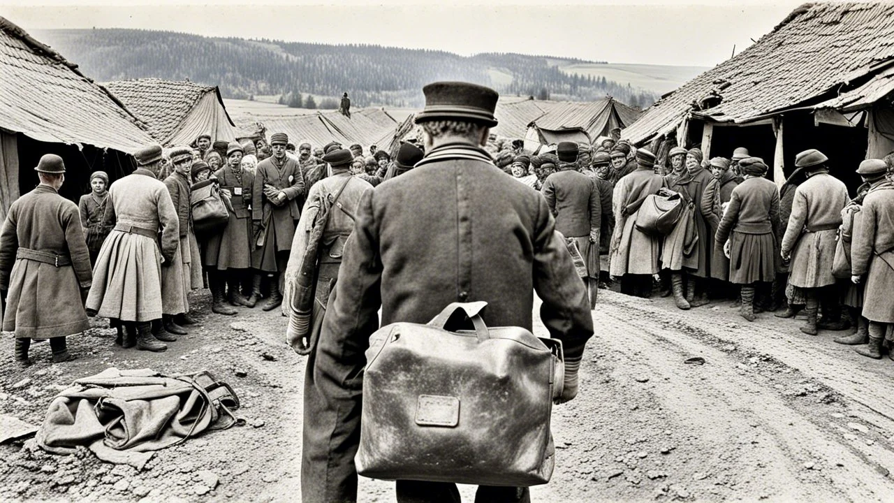 an man in a dark european, hungarian postman's uniform standing with his back to the camera with a large postman's bag on his left shoulder, he is only half visible from the european-hungarian villagers gathered around him, surrounded by men and women in vintage poor cloths. Some villagers are holding letters in their hands, sad and crying faces, a little boy staring at the postman, a crying little girl clinging to her mother's skirt, two women crying , high realistic, perfect photo