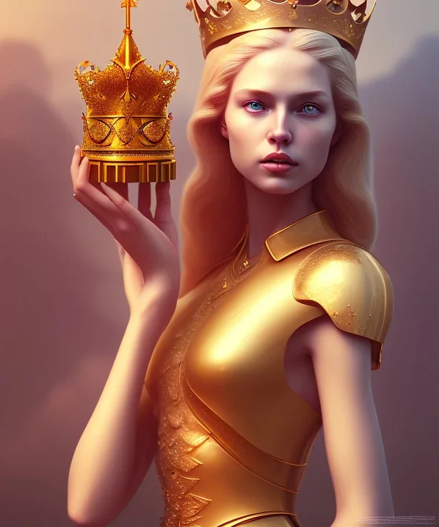 Statue of Queen of photography. Cute blonde woman. Photographer in golden crown. Standing on the street. Big camera in her hand. hyperdetailed, photorealistic, trending on artstation, greg rutkowski, beksinski, kodachrome