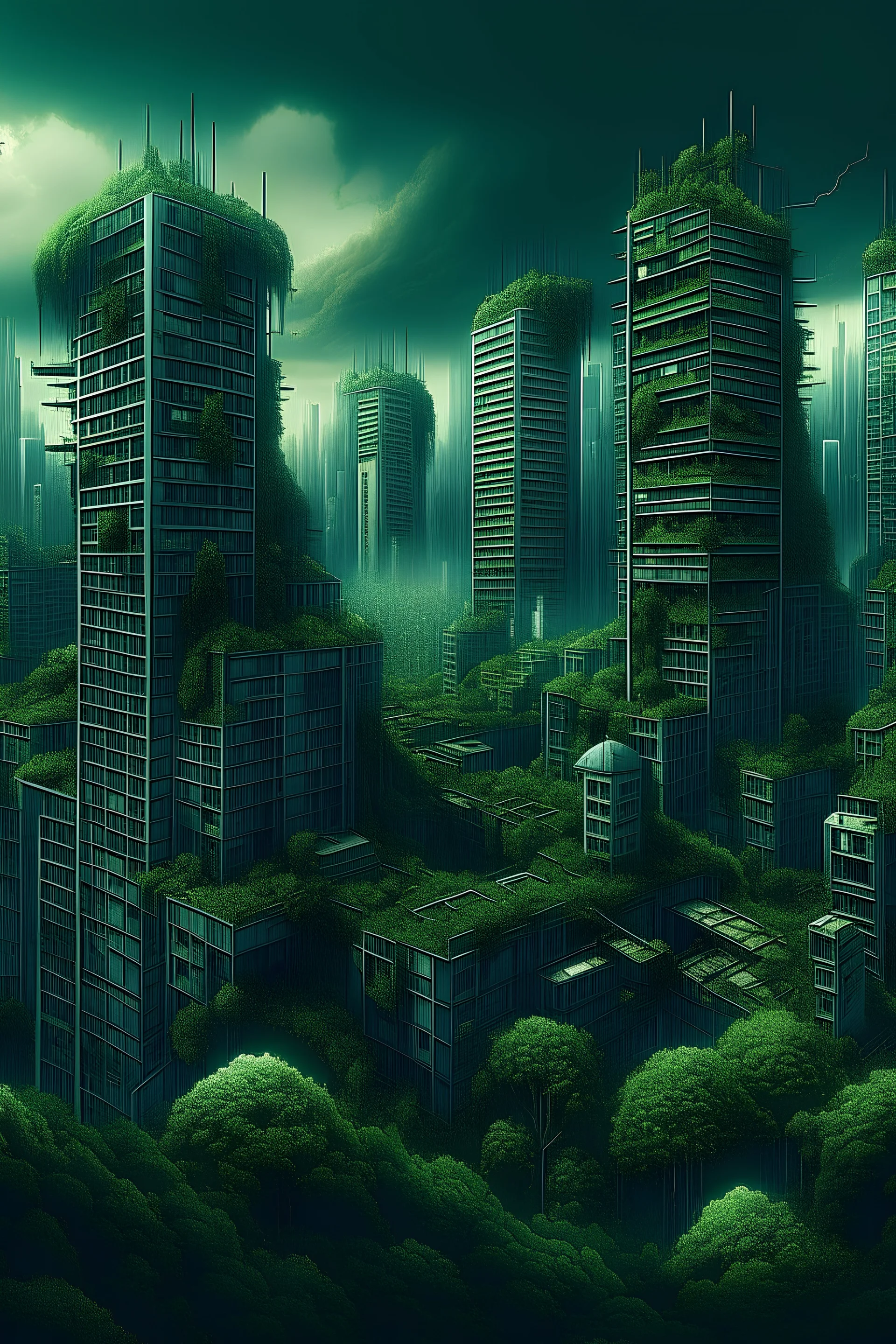 Huge dark green epic city with treehouses skyscrapers