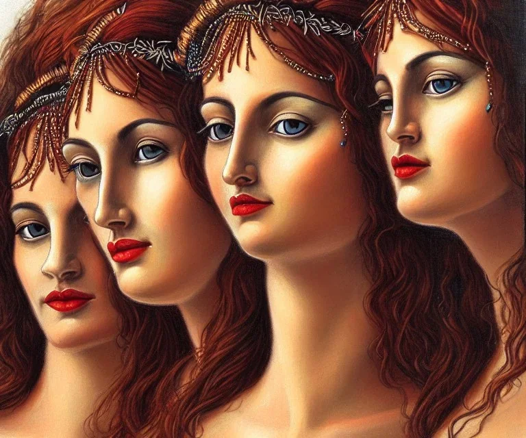 Realistic detailed face portrait of The goddess of beauty, goddess of spell and goddess of joy. "The Three Graces"