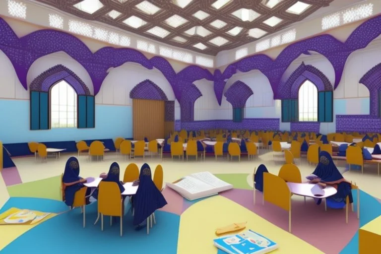 can you please generate an image of segregated learning facilities for girls and boys in an islamic country They will learn english and maths as well as everyday skills.. It should include sensory learning and use durable materials.